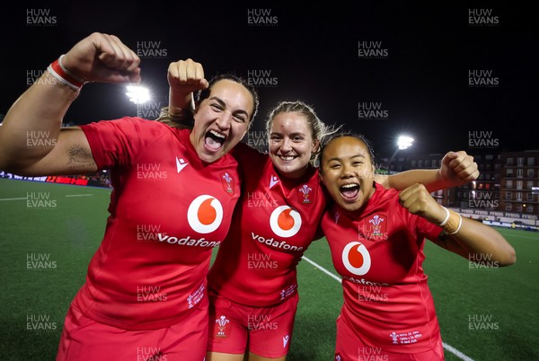 180926 Wales v South Africa, Vodafone Wales WXV Series - Courtney Keight of Wales, Freya Bell of Wales and Jenna De Vera of Wales at the end of the match