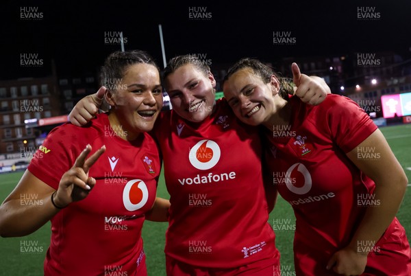 180926 Wales v South Africa, Vodafone Wales WXV Series - Jorja Aiono of Wales, Gwenllian Pyrs of Wales and Branwen Metcalfe of Wales at the end of the match