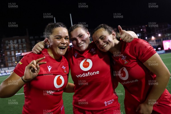 180926 Wales v South Africa, Vodafone Wales WXV Series - Jorja Aiono of Wales, Gwenllian Pyrs of Wales and Branwen Metcalfe of Wales at the end of the match