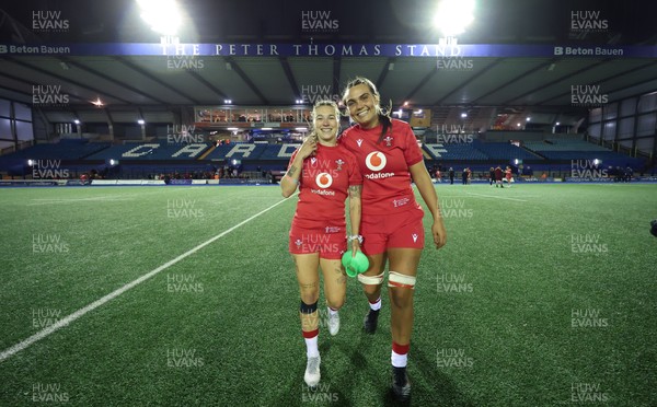 180926 Wales v South Africa, Vodafone Wales WXV Series - Keira Bevan of Wales and Bryonie King of Wales at the end of the match