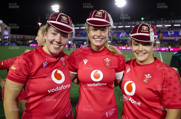 180926 Wales v South Africa, Vodafone Wales WXV Series - Elan Jones of Wales, Amy Williams of Wales and Shanelle Williams of Wales at the end of the match