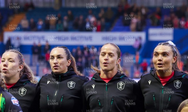 190926 Wales v South Africa, Vodafone Wales WXV Series - Elan Jones of Wales, Courtney Keight of Wales, Lisa Neumann of Wales and Bryonie King of Wales during the anthems