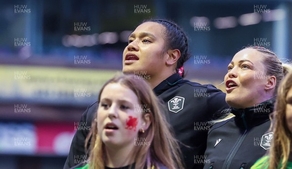 190926 Wales v South Africa, Vodafone Wales WXV Series - Sisilia Tuipulotu of Wales and Kelsey Jones of Wales during the anthems
