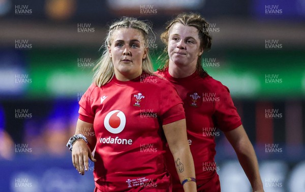 190926 Wales v South Africa, Vodafone Wales WXV Series - Wales co-captains Alex Callender and Kate Williams wait during a referee and TMO decision 