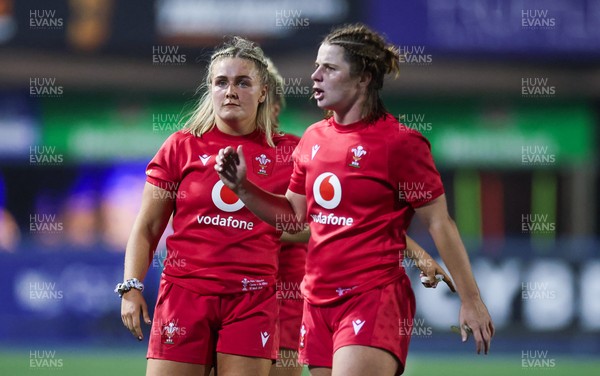 190926 Wales v South Africa, Vodafone Wales WXV Series - Wales co-captains Alex Callender and Kate Williams wait during a referee and TMO decision 