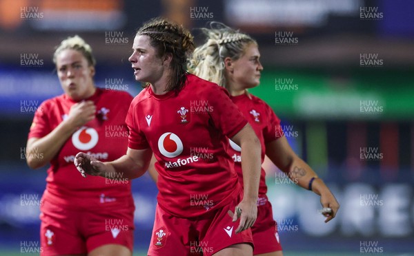 190926 Wales v South Africa, Vodafone Wales WXV Series - Wales co-captains Alex Callender and Kate Williams wait during a referee and TMO decision 