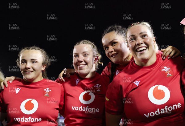 190926 Wales v South Africa, Vodafone Wales WXV Series - Shanelle Williams of Wales, Elan Jones of Wales, Jorja Aiono of Wales and Kelsey Jones of Wales at the end of the match