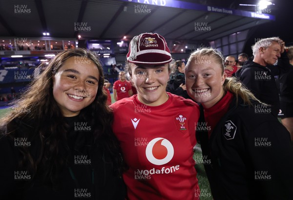 190926 Wales v South Africa, Vodafone Wales WXV Series - Shanelle Williams of Wales with Crystal James and Seren Lockwood of Wales at the end of the match