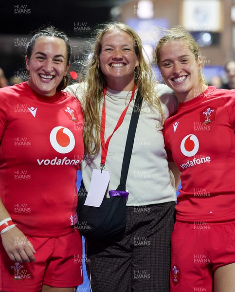 190926 Wales v South Africa, Vodafone Wales WXV Series - Courtney Keight of Wales, Carys Cox and Lisa Neumann of Wales at the end of the match