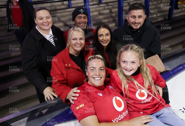 190926 Wales v South Africa, Vodafone Wales WXV Series - Kelsey Jones of Wales with family and friends at the end of the match