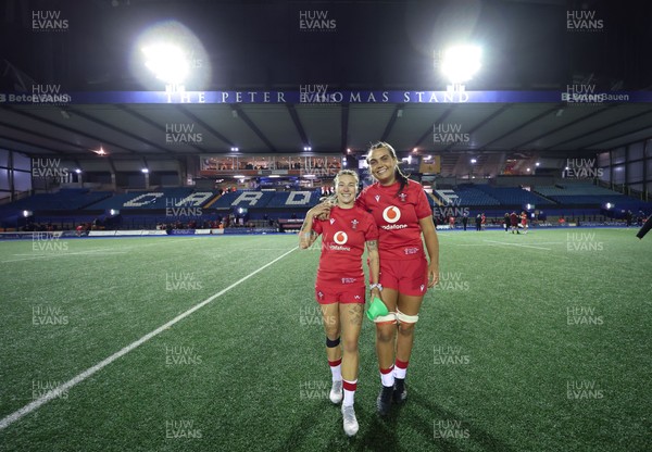 190926 Wales v South Africa, Vodafone Wales WXV Series - Keira Bevan of Wales and Bryonie King of Wales at the end of the match