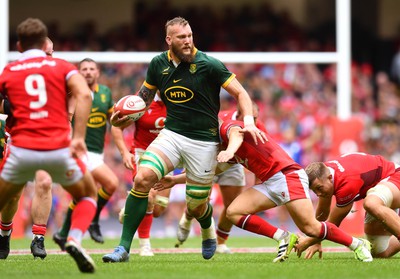 190823 - Wales v South Africa - Vodaphone Summer Series - RG Snyman of South Africa is tackled by Sam Costelow of Wales