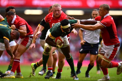 190823 - Wales v South Africa - Vodaphone Summer Series - Siya Kolisi of South Africa holds off Jac Morgan of Wales