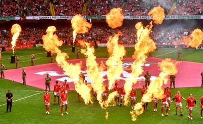 190823 - Wales v South Africa - Vodaphone Summer Series - Wales players and Flames