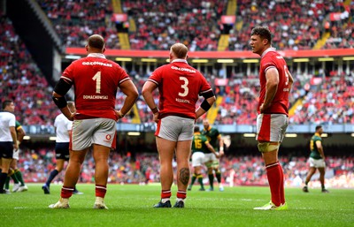 190823 - Wales v South Africa - Vodaphone Summer Series - Corey Domachowski, Keiron Assiratti and Will Rowlands of Wales