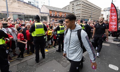 190823 - Wales v South Africa, Summer Nations Series 2023 - Rio Dyer of Wales makes his way from the Parkgate Hotel to the Principality Stadium