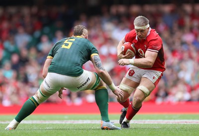 190823 - Wales v South Africa, Summer Nations Series 2023 - Aaron Wainwright of Wales is tackled by RG Snyman of South Africa