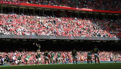 190823 - Wales v South Africa, Summer Nations Series 2023 - Jean Kleyn of South Africa claims the line out ball as the Principality Stadium crowd look on