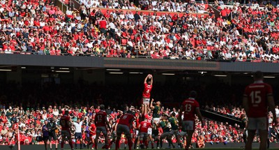 190823 - Wales v South Africa, Summer Nations Series 2023 - Ben Carter of Wales claims the line out ball as the Principality Stadium crowd look on