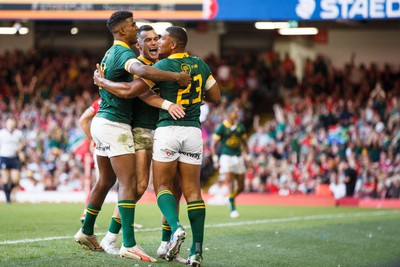 190823 - Wales v South Africa - Summer Series - Grant Williams and Jesse Kriel of South Africa celebrate after Damian Willemse scores a try