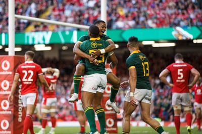 190823 - Wales v South Africa - Summer Series - Damian Willemse of South Africa celebrates with Grant Williams after scoring a try