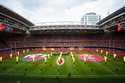 190823 - Wales v South Africa - Summer Series - General view of prematch pyrotechnics at Principality Stadium as the teams run out