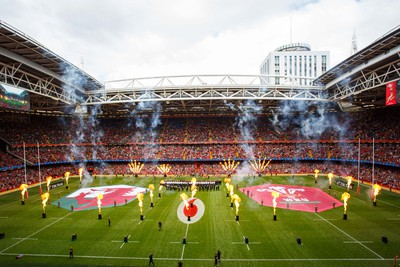 190823 - Wales v South Africa - Summer Series - General view of prematch pyrotechnics at Principality Stadium as the teams run out