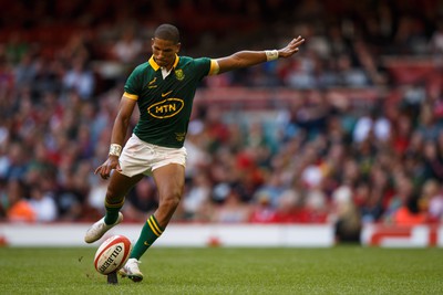 190823 - Wales v South Africa - Summer Series - Manie Libbok of South Africa kicks at goal