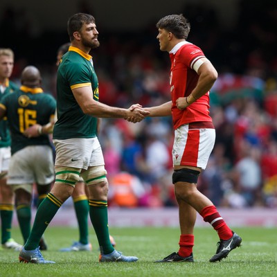 190823 - Wales v South Africa - Summer Series - Jean Kleyn of South Africa shakes hands with Teddy Williams of Wales at the end of the match