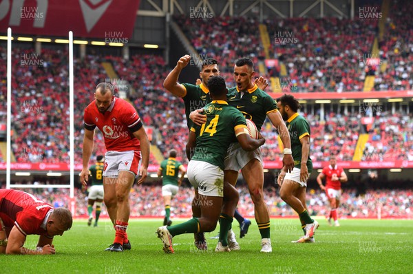 190823 - Wales v South Africa - Vodaphone Summer Series - Canan Moodie of South Africa celebrates scoring try with Jesse Kriel