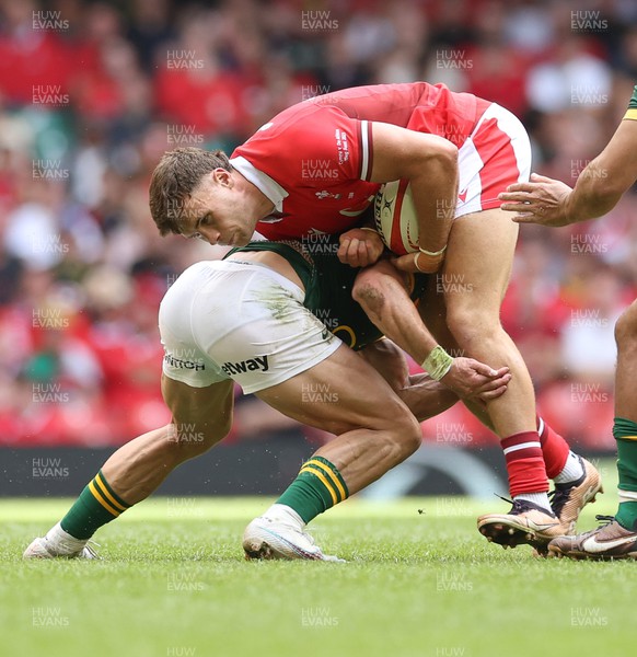 190823 - Wales v South Africa, Summer Nations Series 2023 - Mason Grady of Wales is tackled