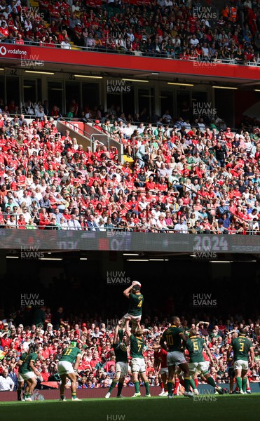 190823 - Wales v South Africa, Summer Nations Series 2023 - Jean Kleyn of South Africa claims the line out ball as the Principality Stadium crowd look on