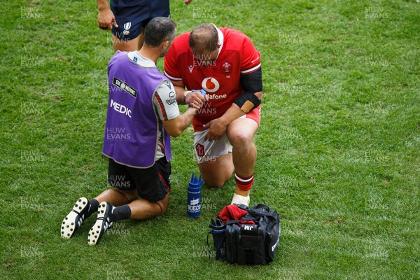 190823 - Wales v South Africa - Summer Series - Corey Domachowski of Wales receives treatment for an injury