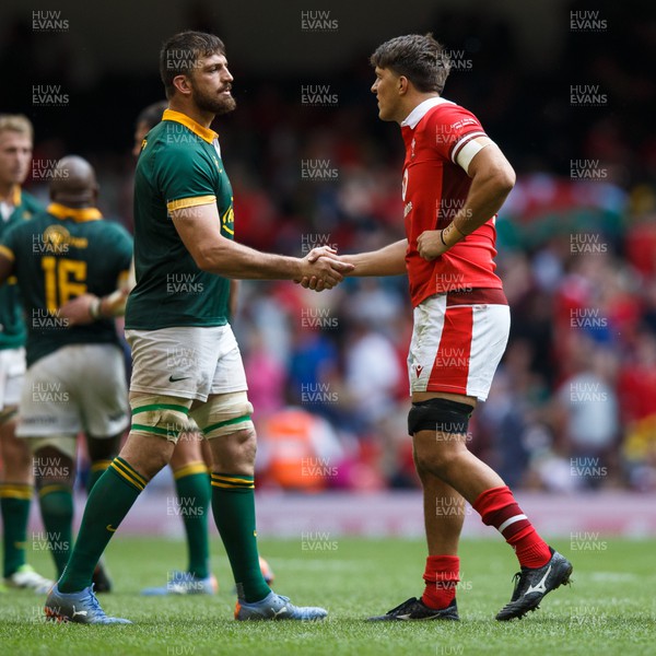 190823 - Wales v South Africa - Summer Series - Jean Kleyn of South Africa shakes hands with Teddy Williams of Wales at the end of the match