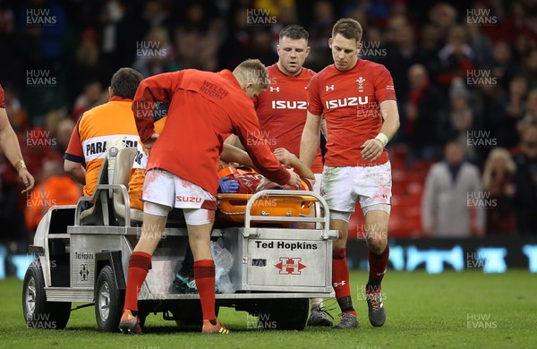 241118 - Wales v South Africa - Under Armour Series - Gareth Anscombe, Rob Evans and Liam Williams share a moment with Ellis Jenkins of Wales as he's taken off injured