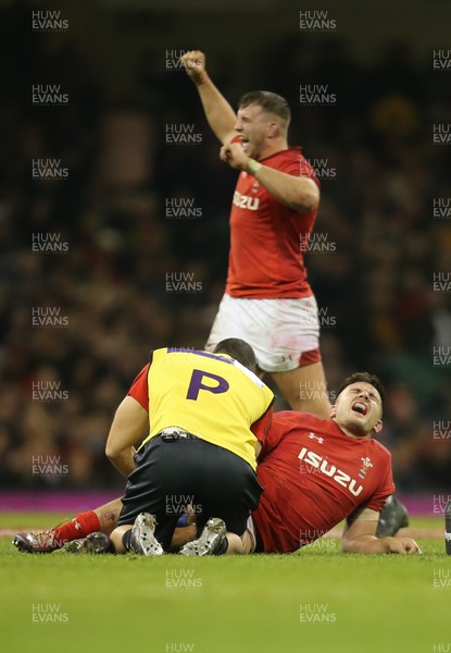 241118 - Wales v South Africa, Under Armour Series 2018 - Ellis Jenkins of Wales shows the pain as he is injured while Elliot Dee of Wales celebrates on the final whistle