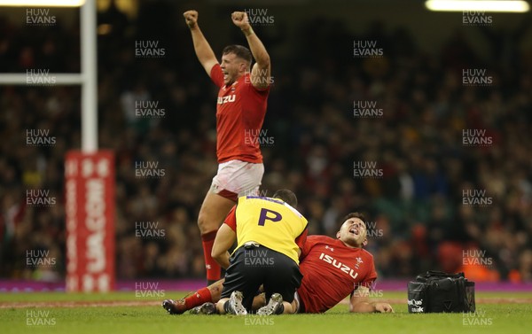 241118 - Wales v South Africa, Under Armour Series 2018 - Ellis Jenkins of Wales shows the pain as he is injured while Elliot Dee of Wales celebrates on the final whistle