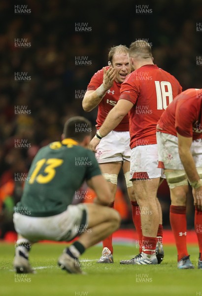 241118 - Wales v South Africa, Under Armour Series 2018 - Alun Wyn Jones of Wales celebrates with Dillon Lewis of Wales on the final whistle