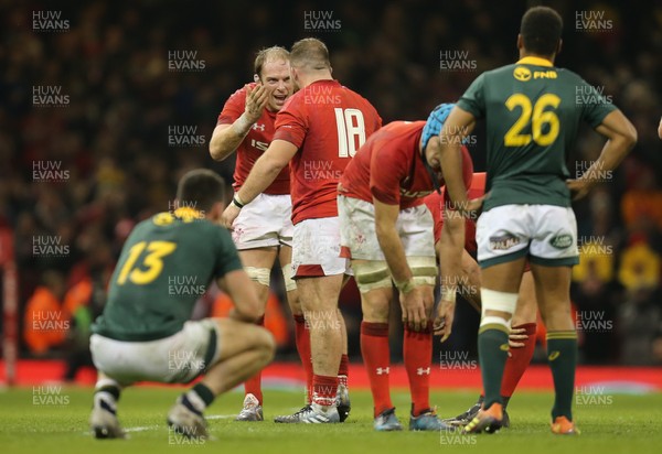 241118 - Wales v South Africa, Under Armour Series 2018 - Alun Wyn Jones of Wales celebrates with Dillon Lewis of Wales on the final whistle