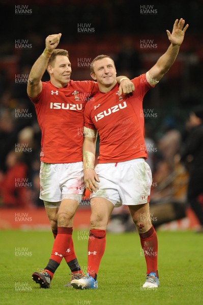 241118 - Wales v South Africa - Under Armour Series -  Liam Williams of Wales and Hadleigh Parkes of Wales celebrate their win