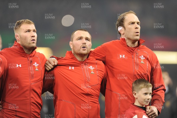 241118 - Wales v South Africa - Under Armour Series - Ross Moriarty of Wales Ken Owens of Wales and Alun Wyn Jones of Wales sing the anthem
