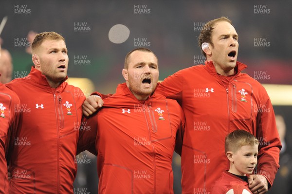 241118 - Wales v South Africa - Under Armour Series - Ross Moriarty of Wales Ken Owens of Wales and Alun Wyn Jones of Wales sing the anthem