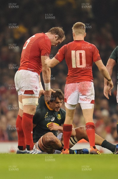 241118 - Wales v South Africa - Under Armour Series - Alun Wyn Jones of Wales offers his hand to Eben Etzebeth of South Africa 
