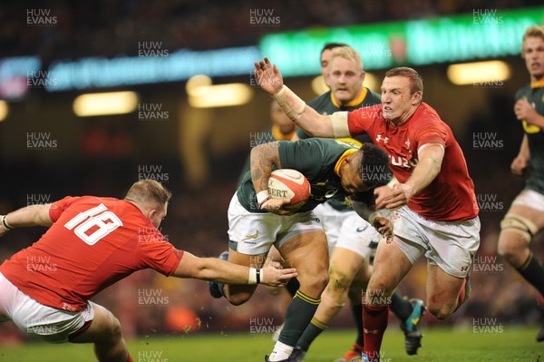 241118 - Wales v South Africa - Under Armour Series - Elton Jantjies of South Africa is tackled by Hadleigh Parkes of Wales 