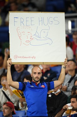 271019 - Wales v South Africa - Rugby World Cup Semi-Final - A French fan holds up a free hugs sign