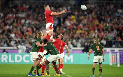 271019 - Wales v South Africa - Rugby World Cup Semi-Final - Ross Moriarty of Wales wins the line out