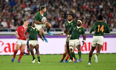 271019 - Wales v South Africa - Rugby World Cup Semi-Final - Willie le Roux of South Africa catches the high ball