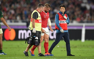 271019 - Wales v South Africa - Rugby World Cup Semi-Final - Tomas Francis of Wales goes off the field injured