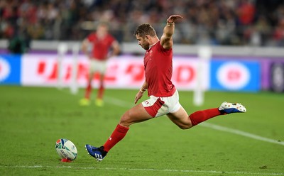 271019 - Wales v South Africa - Rugby World Cup Semi-Final - Leigh Halfpenny of Wales kicks a penalty