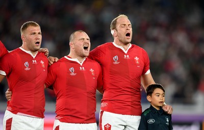 271019 - Wales v South Africa - Rugby World Cup Semi-Final - Ross Moriarty, Ken Owens and Alun Wyn Jones